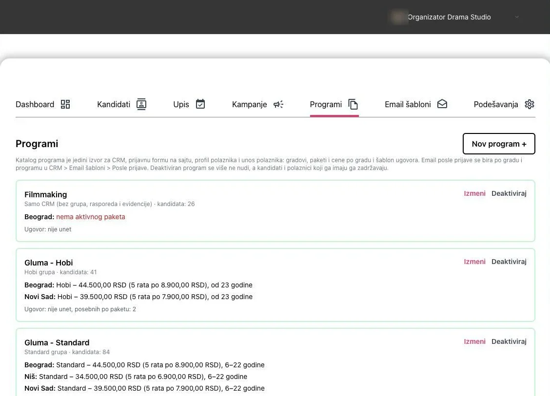 Programs with packages and prices for each city in the Drama Studio CRM