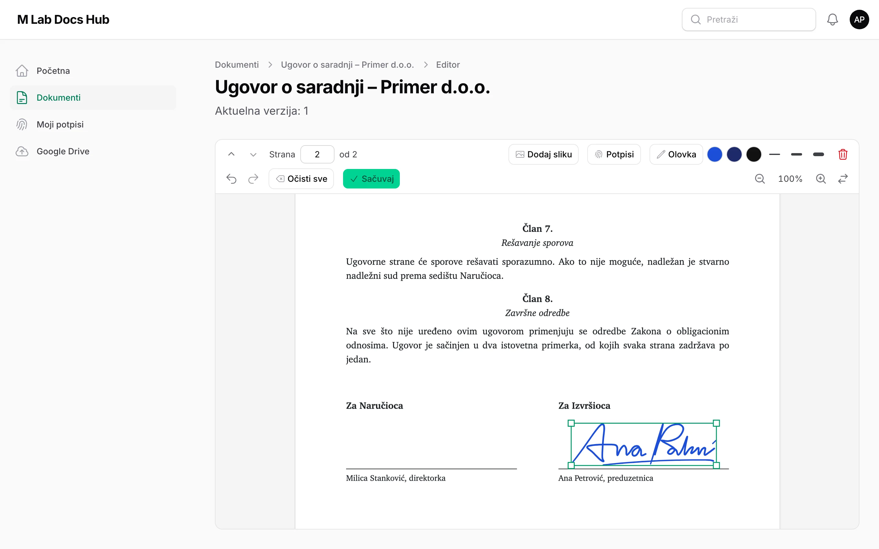 Signing a contract in the M Lab Docs Hub editor