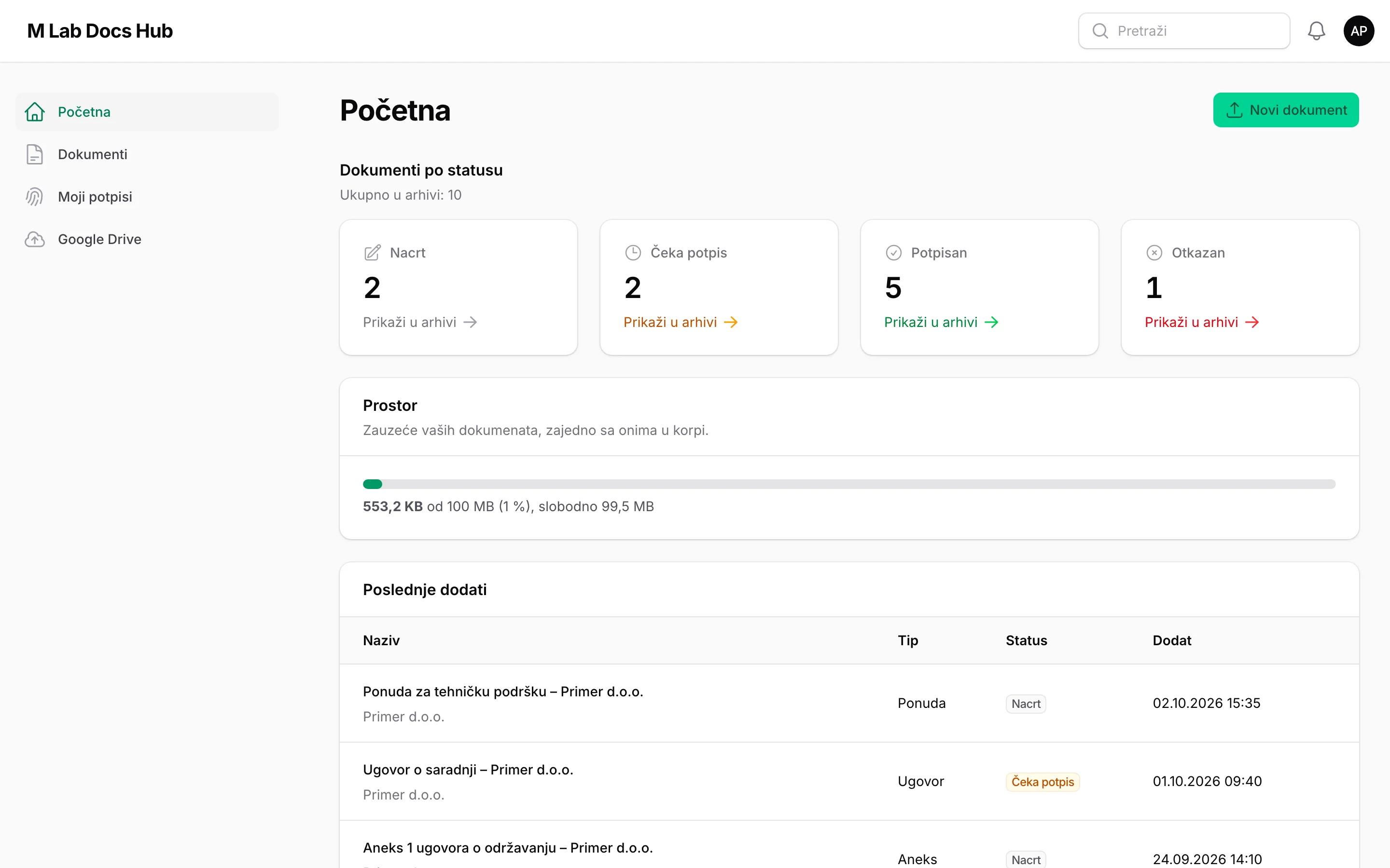 M Lab Docs Hub home screen with documents by status