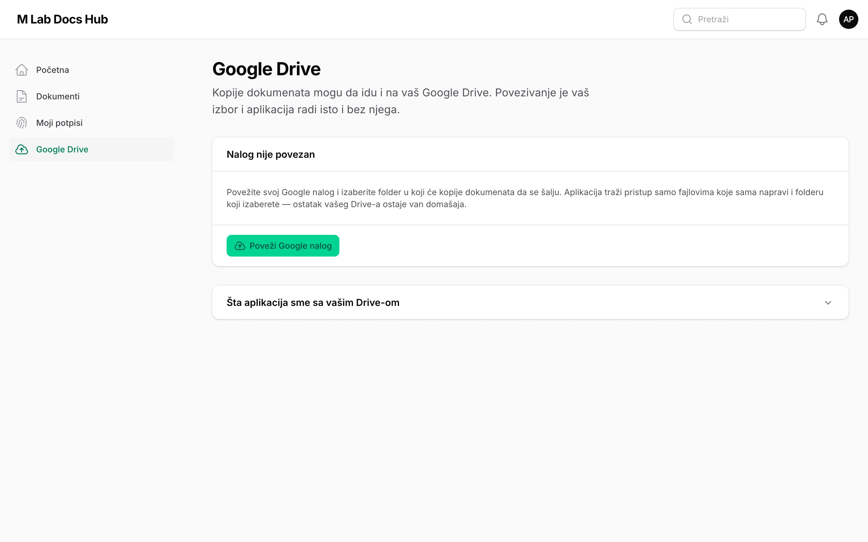 Google Drive connection settings in M Lab Docs Hub