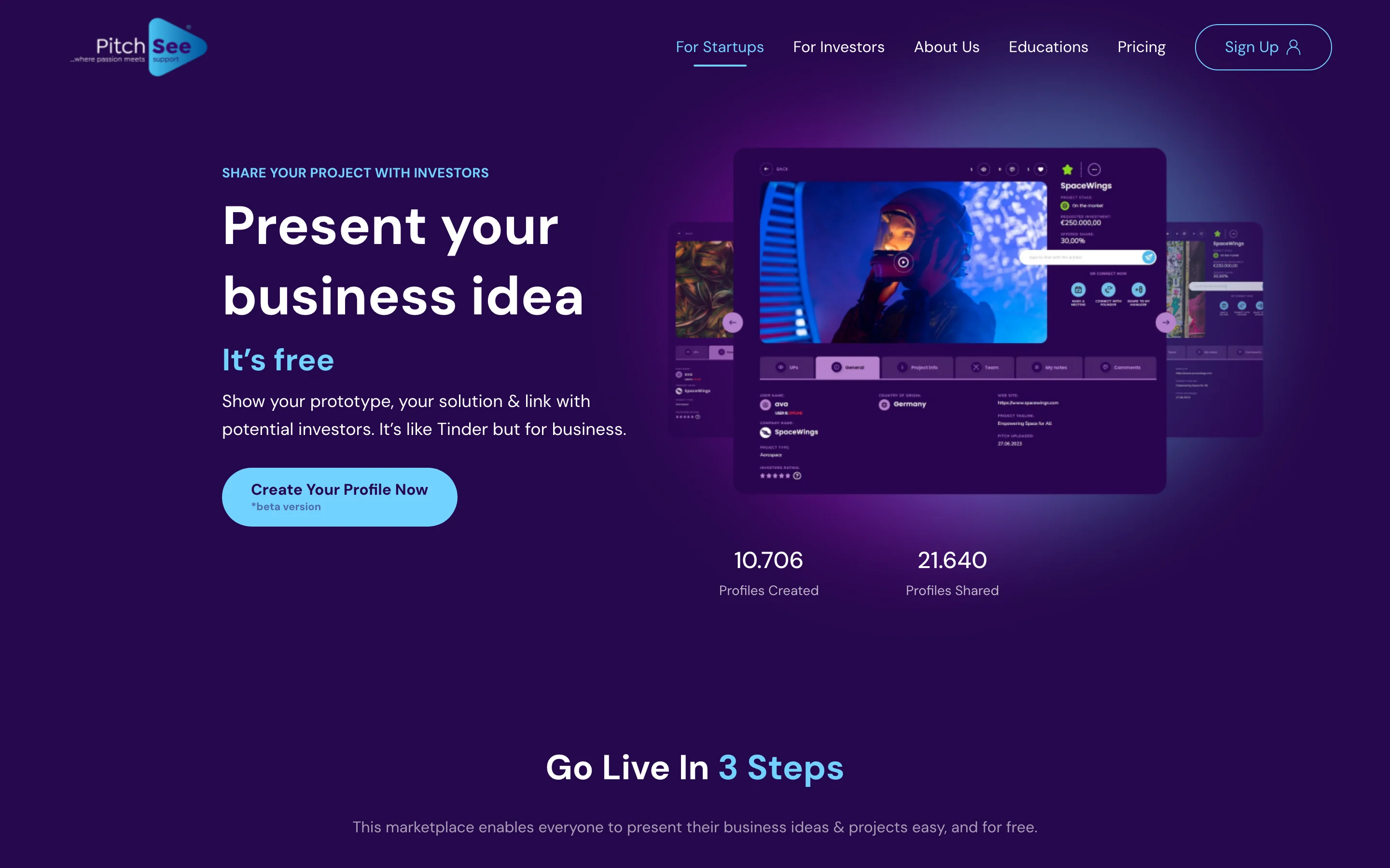 The PitchSee page for startups