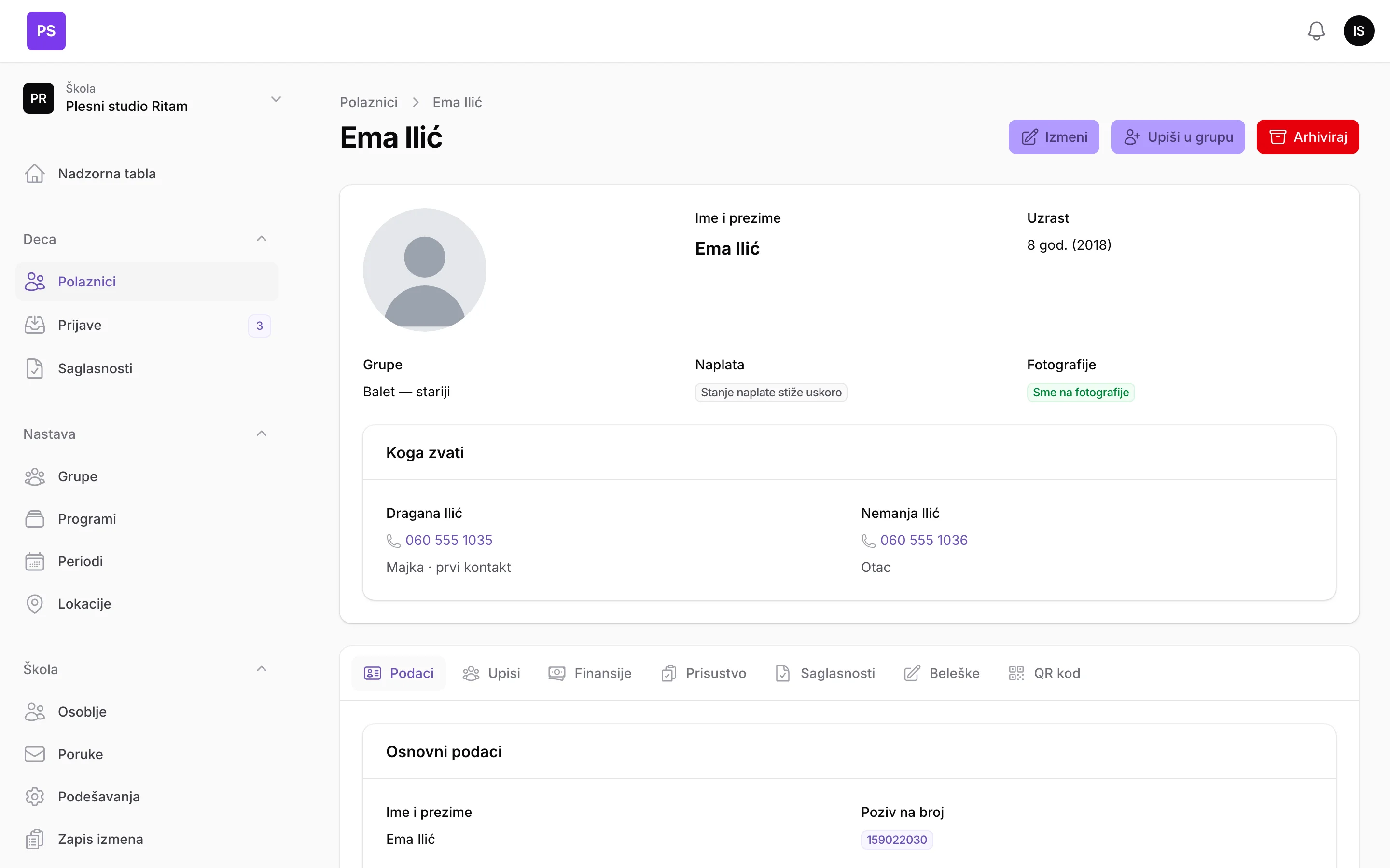 A child's profile in Zvonce, with the group and the parents to call