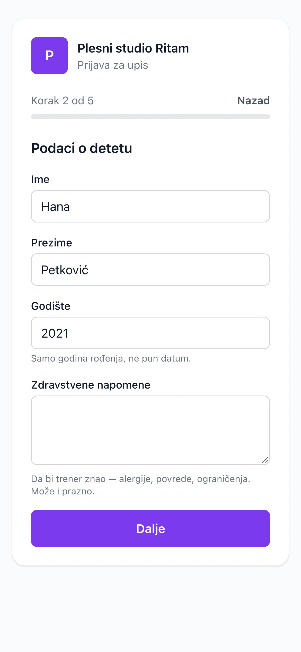 The Zvonce enrollment form on a phone