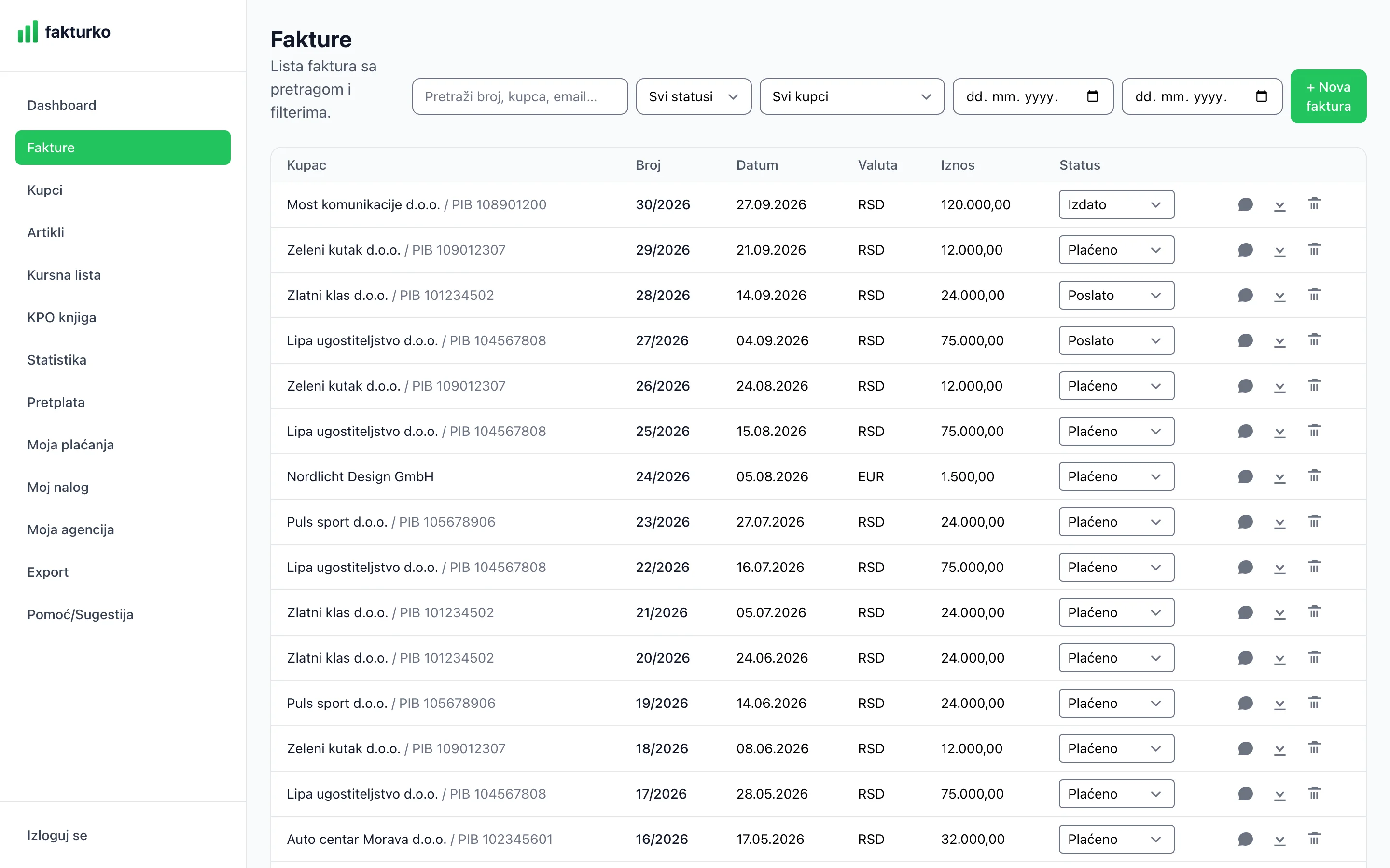 Fakturko invoice list with numbers by year