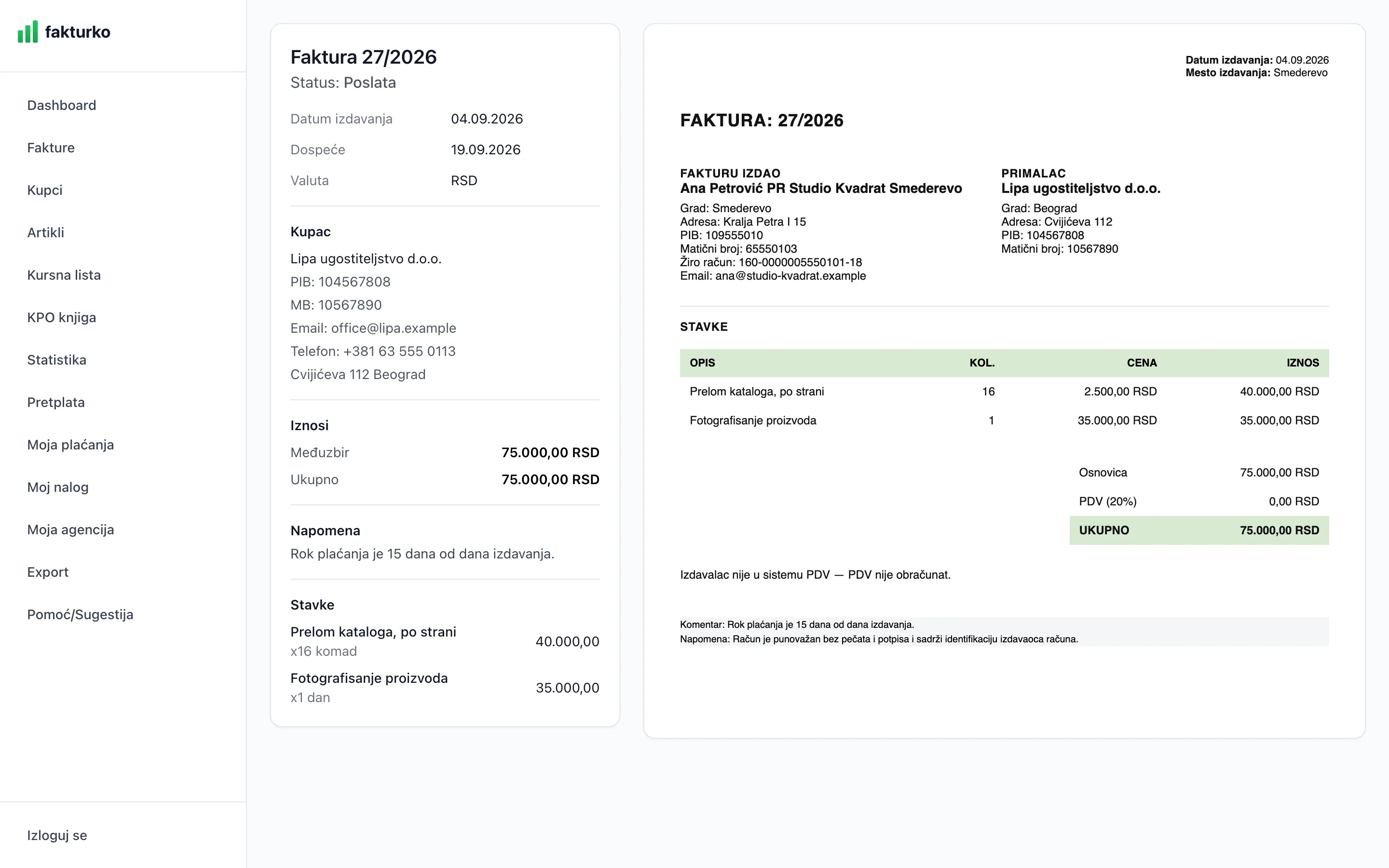 An invoice in Fakturko, beside the document it prints