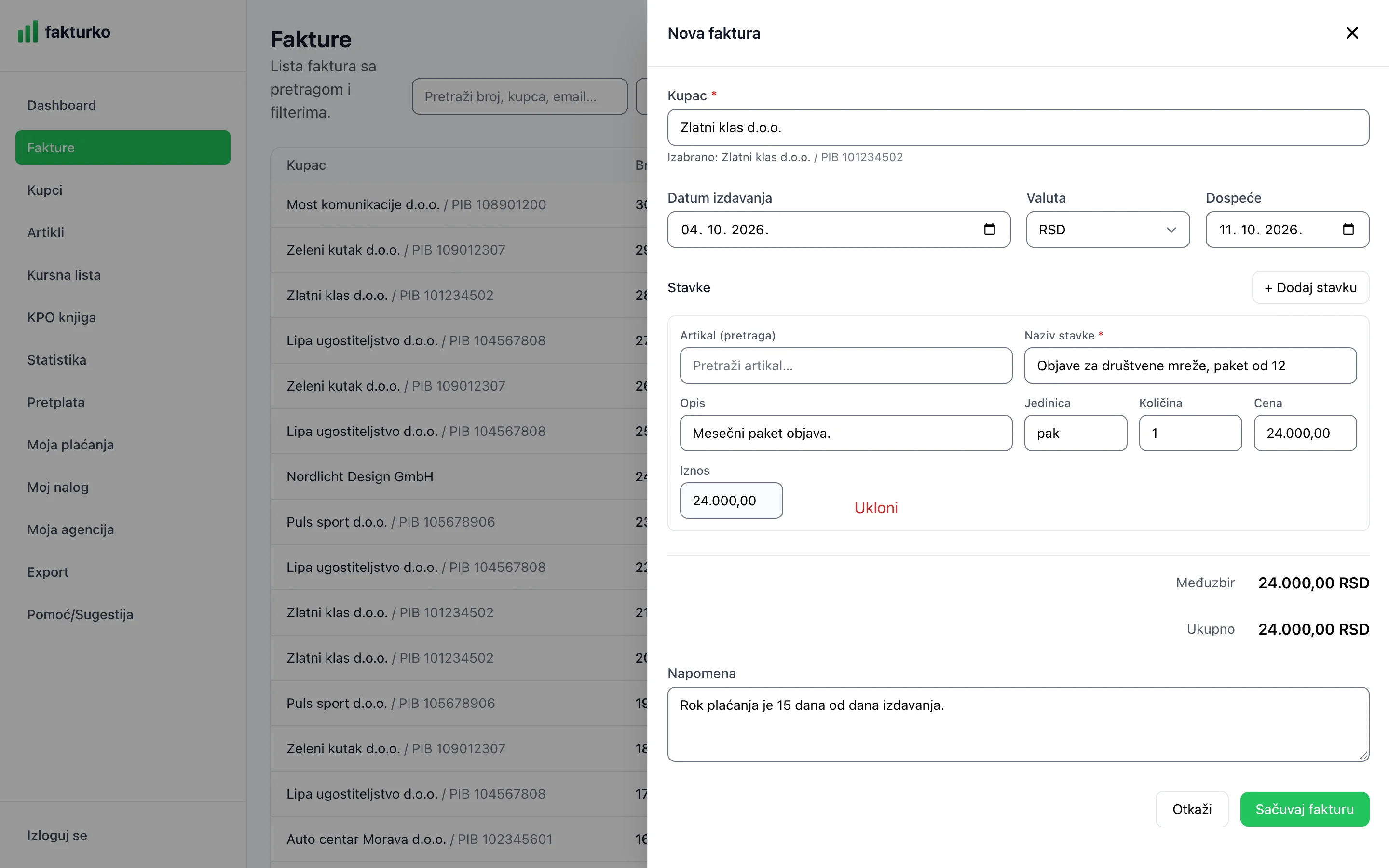 A new invoice in Fakturko, with a client and an item from the article list