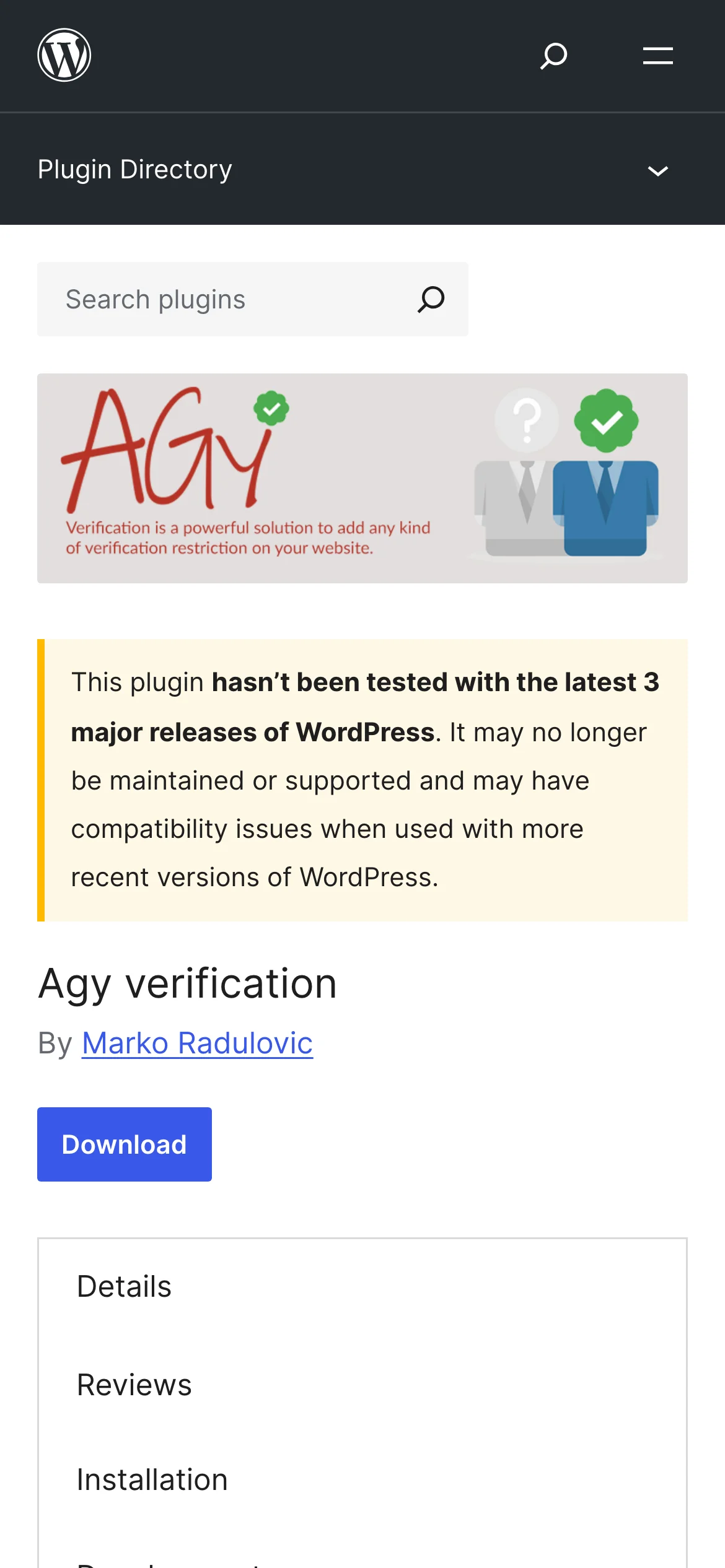 AGY Verification on WordPress.org, on a phone