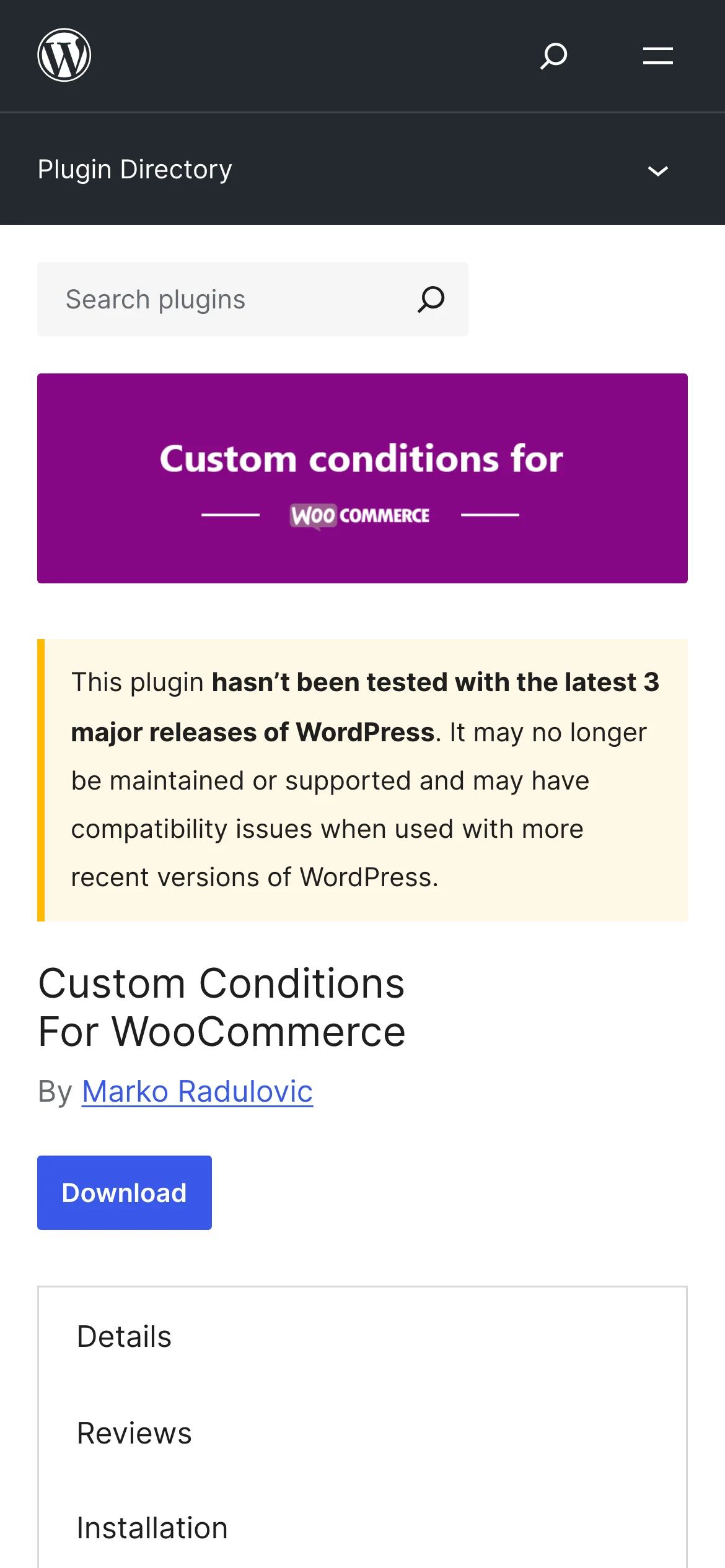 Custom Conditions for WooCommerce on WordPress.org, on a phone