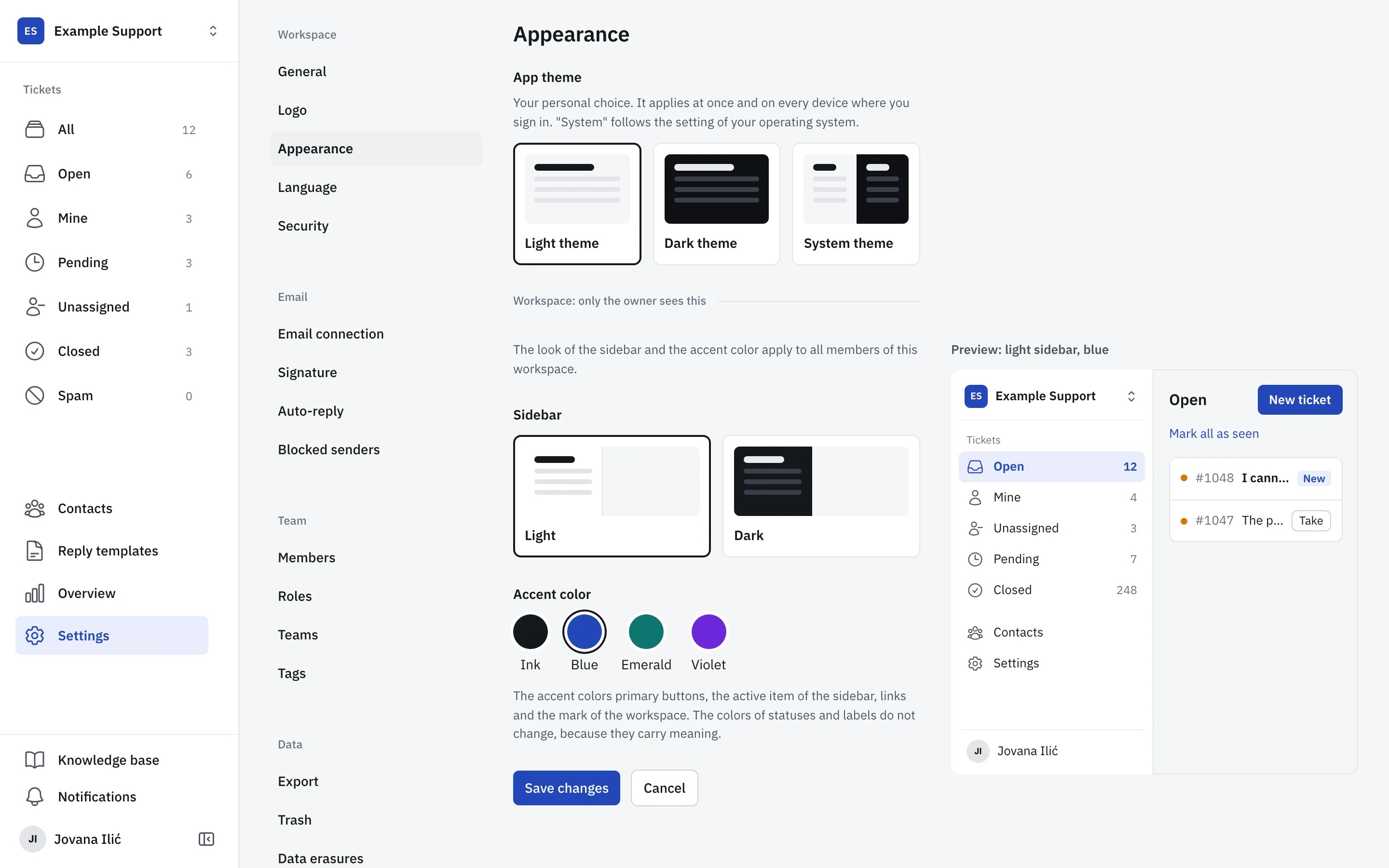 Appearance settings with side menu themes and accent colors