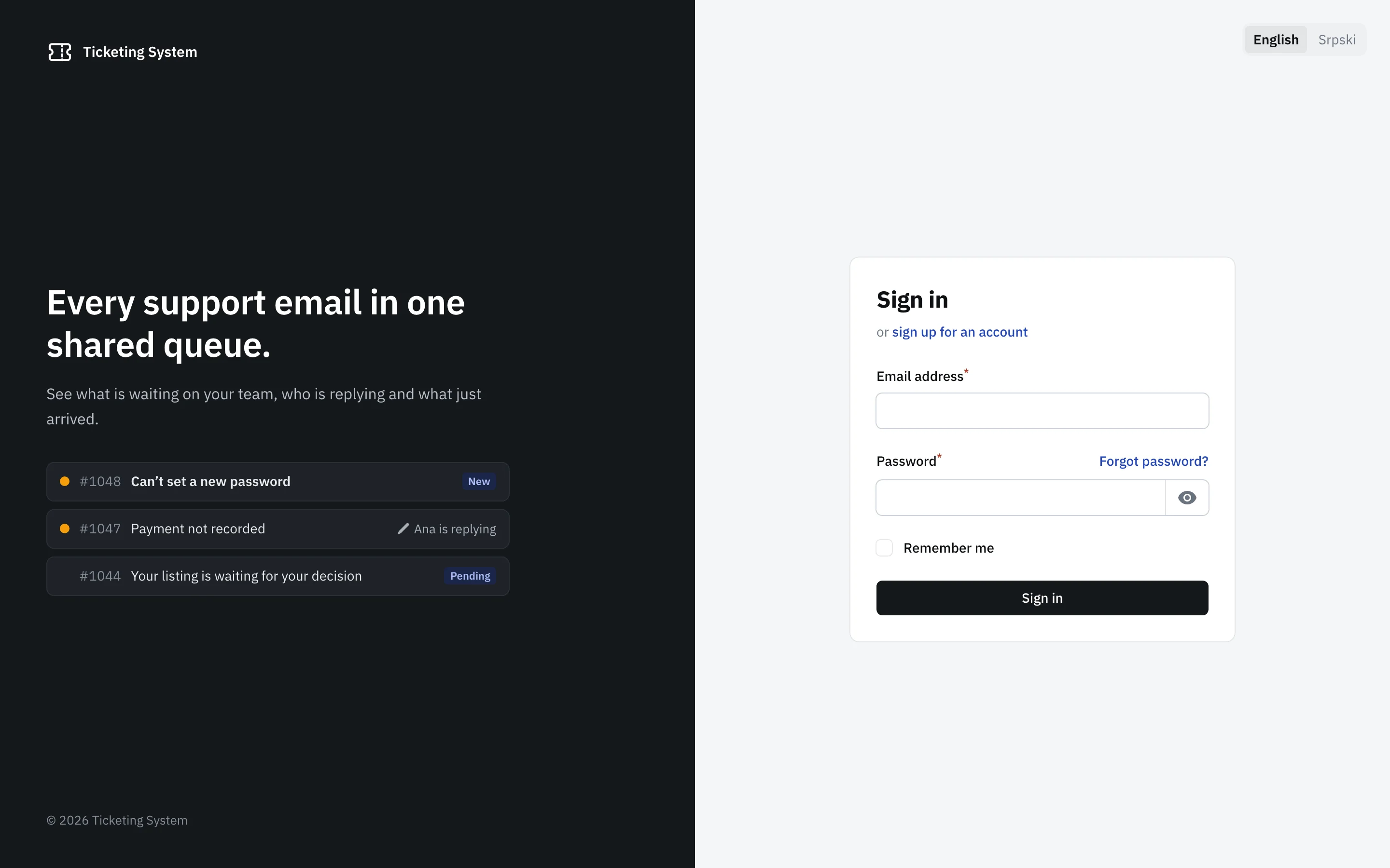 Ticketing System sign-in page