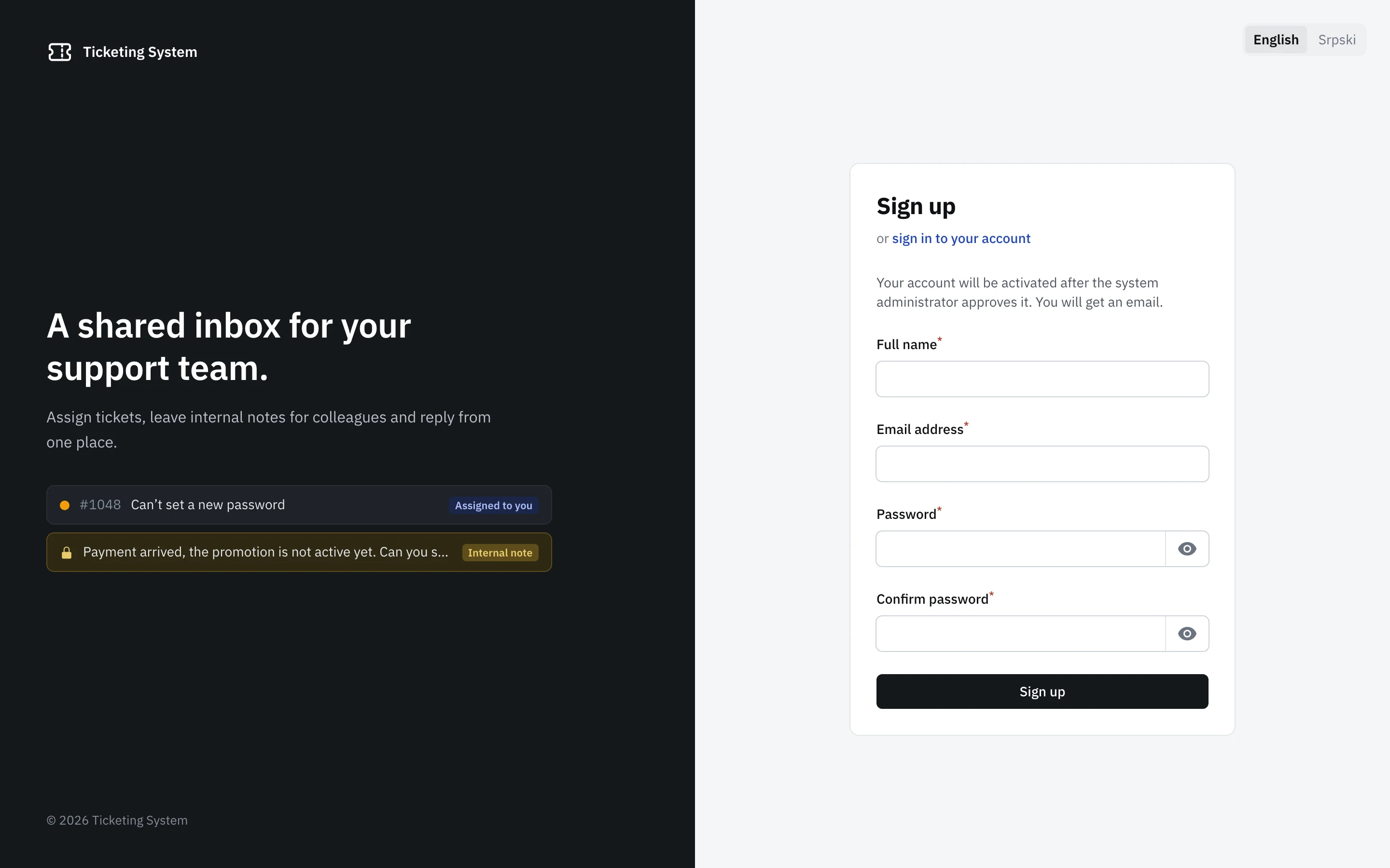 Ticketing System registration page