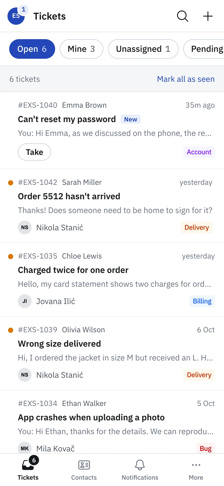 Ticket list on a phone