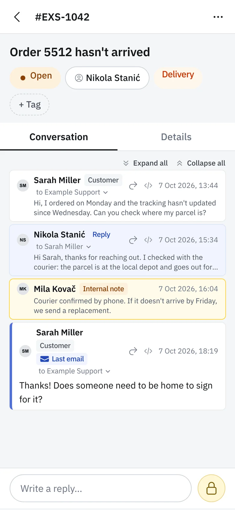 A ticket conversation with an internal note on a phone