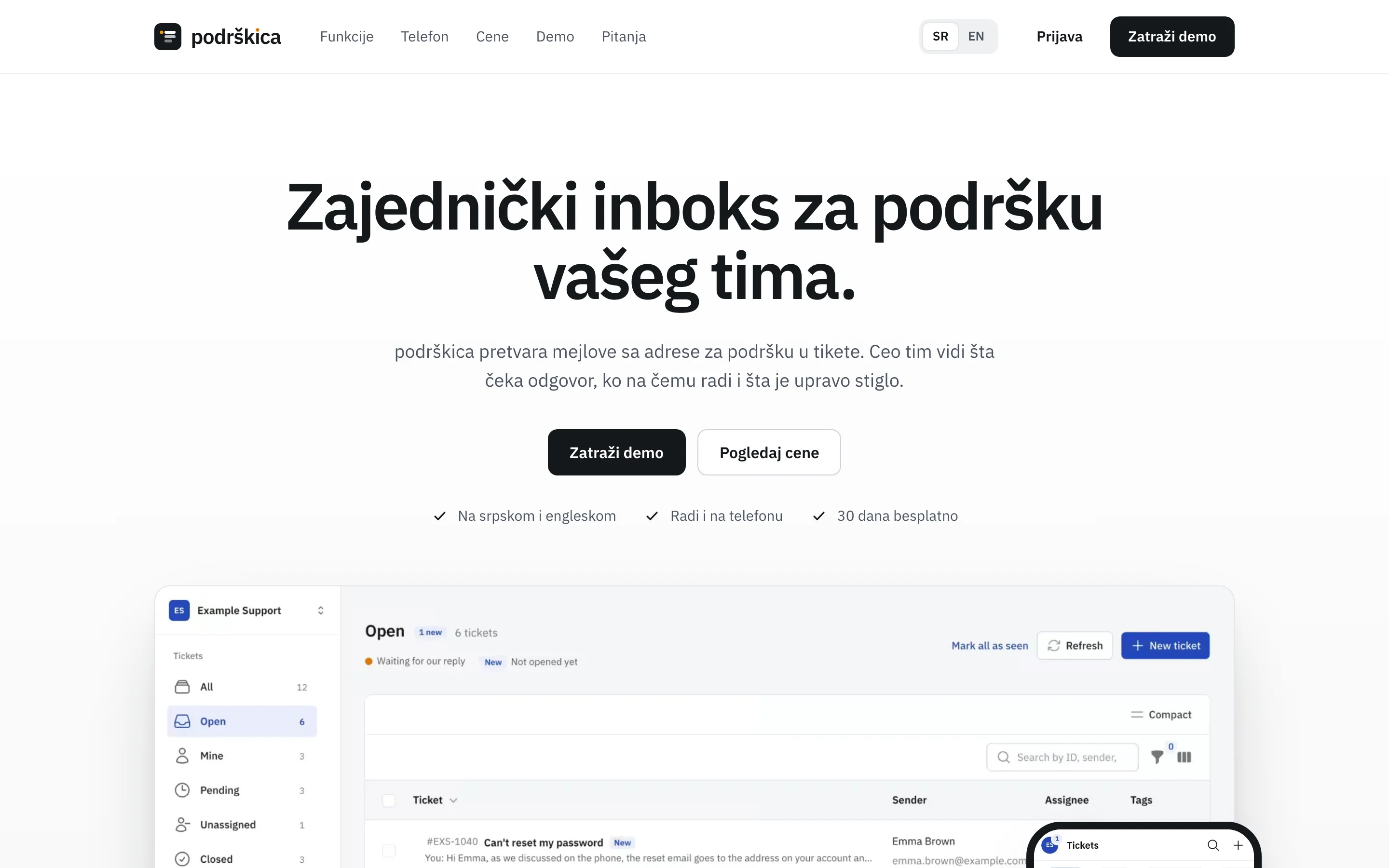 Podrškica landing page, top of the page