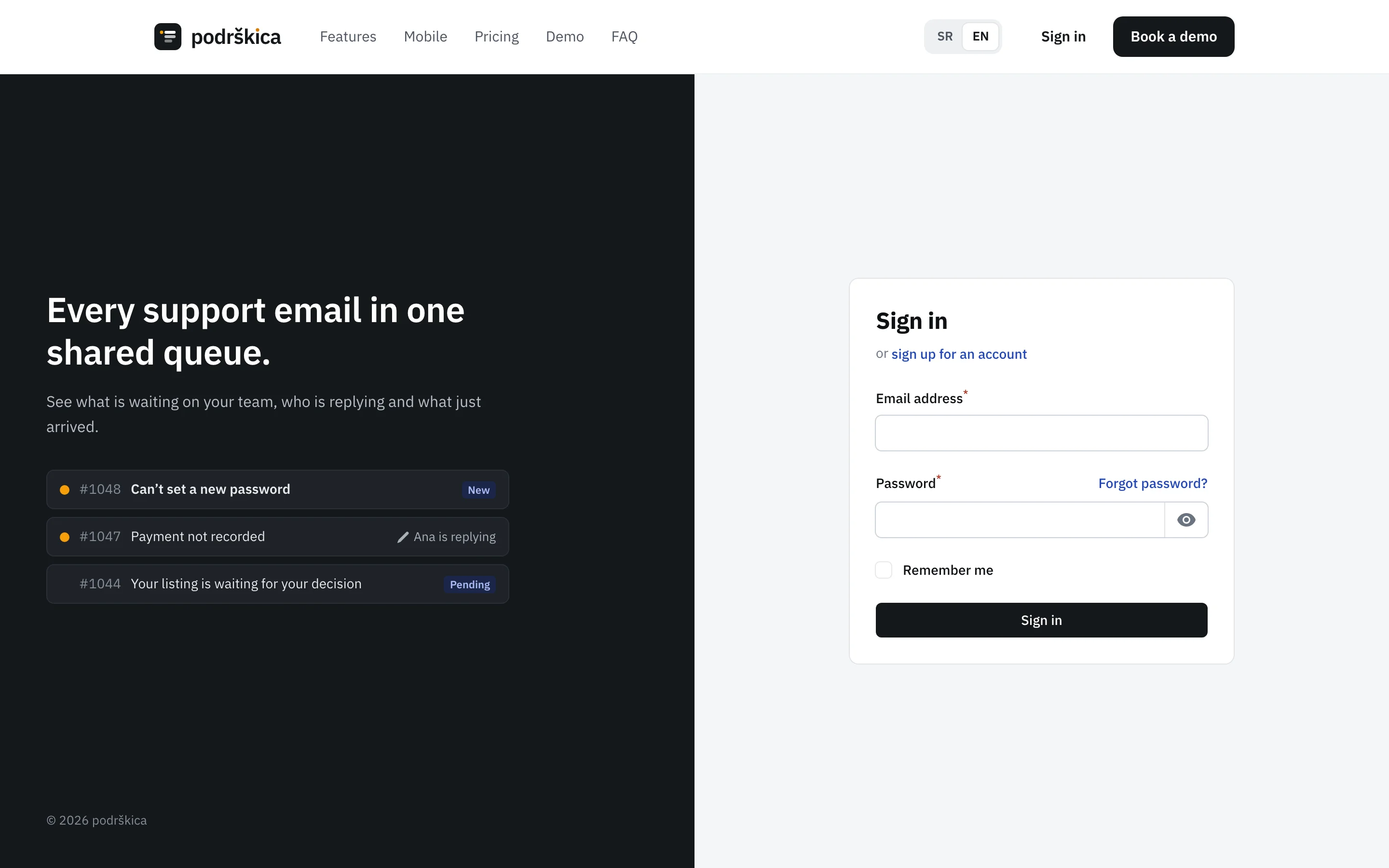 Podrškica sign-in page