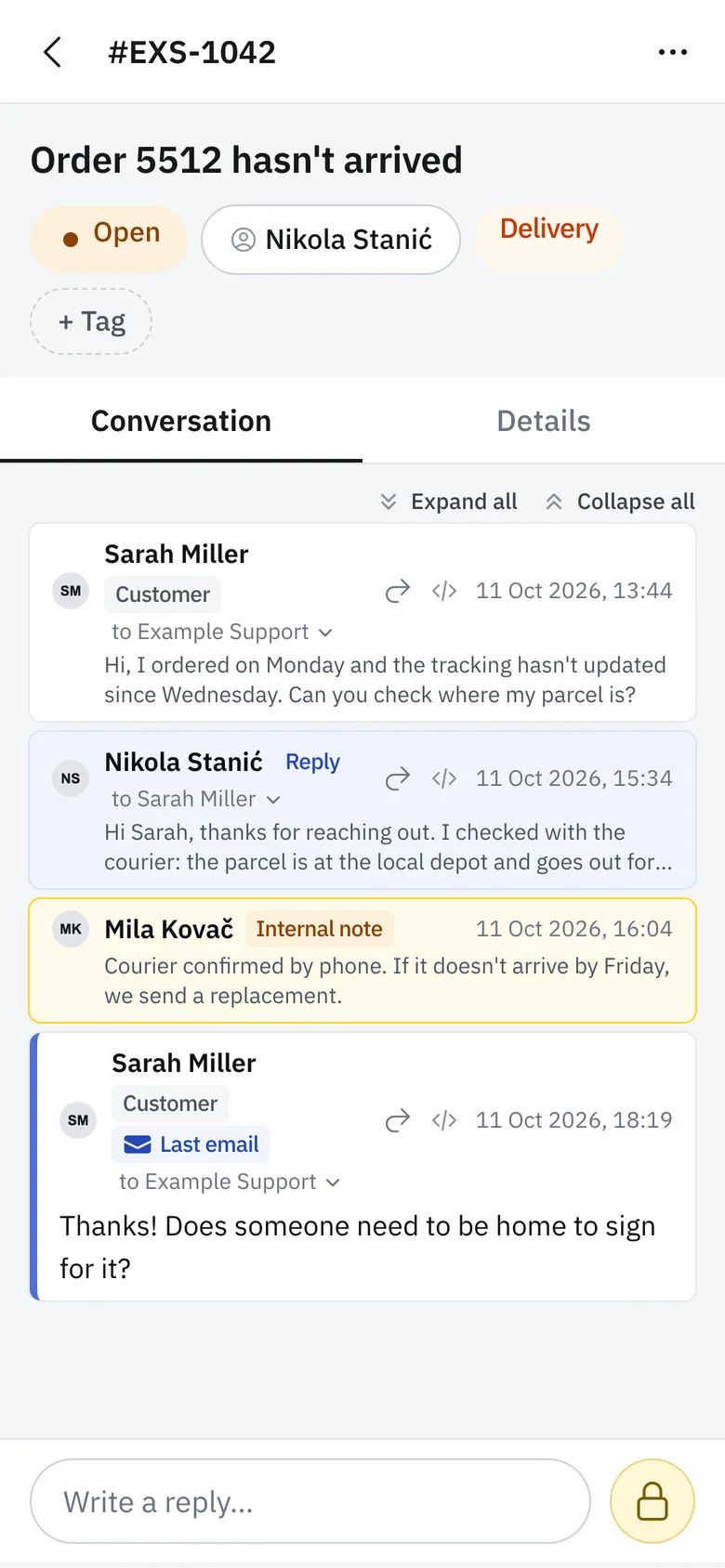 A ticket conversation with an internal note on a phone