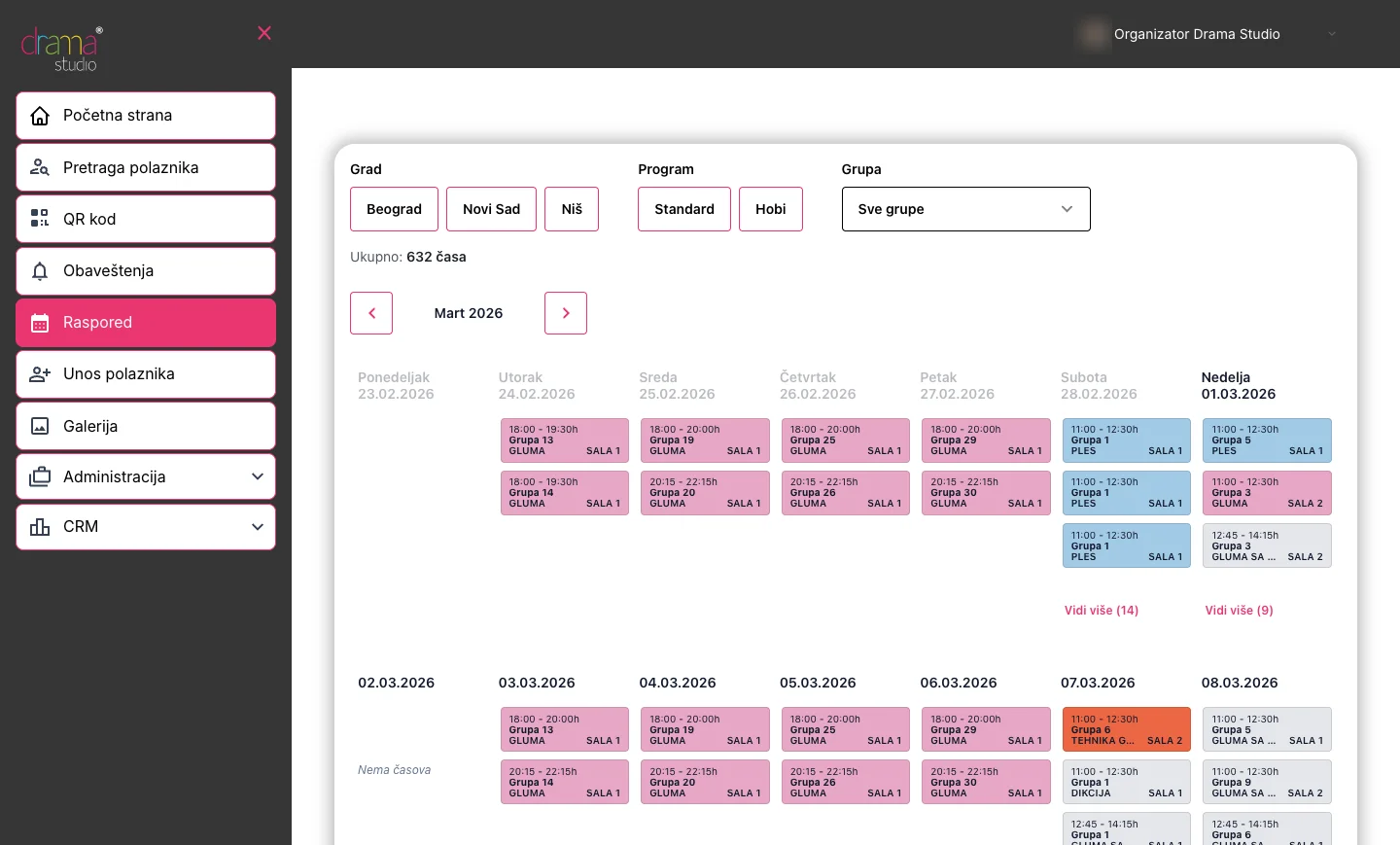 The class schedule in the Drama Studio application, a month of groups by hall