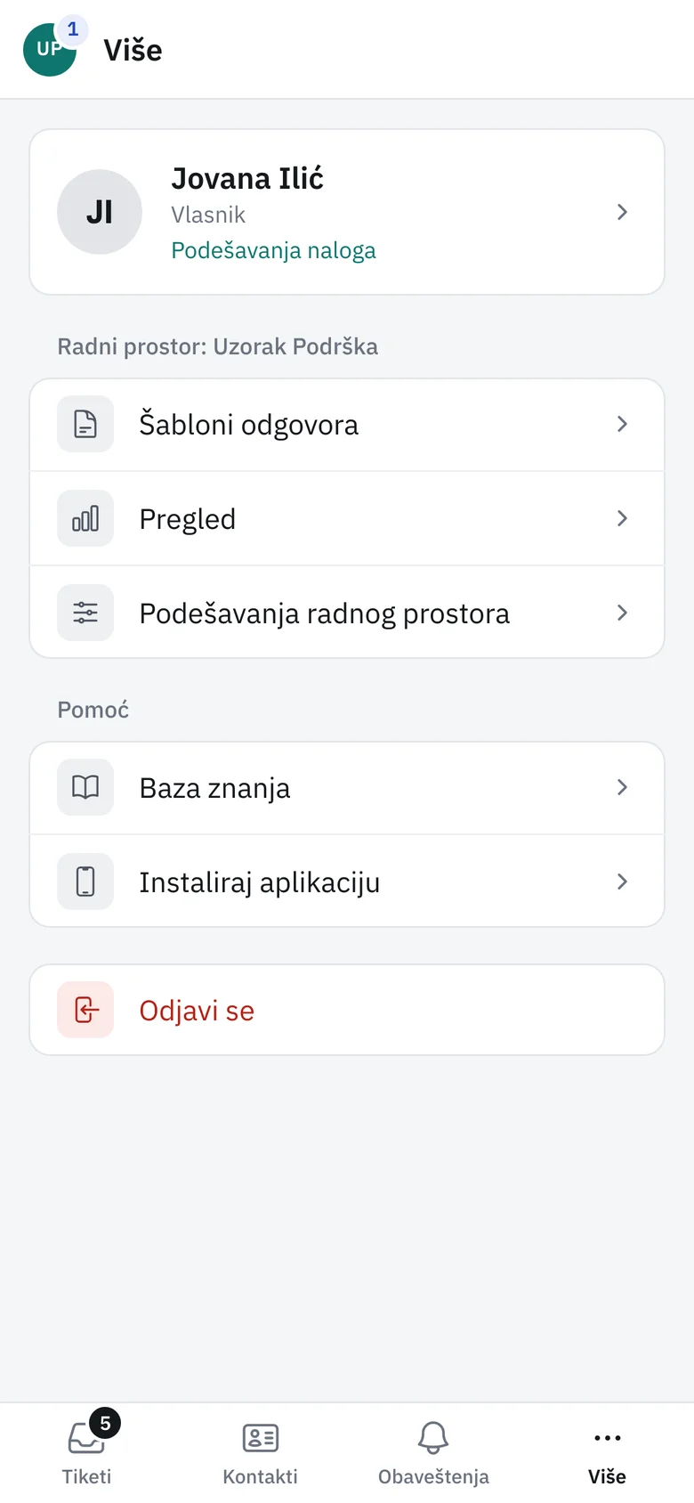 The More screen with the workspace menu on a phone, in a Serbian workspace