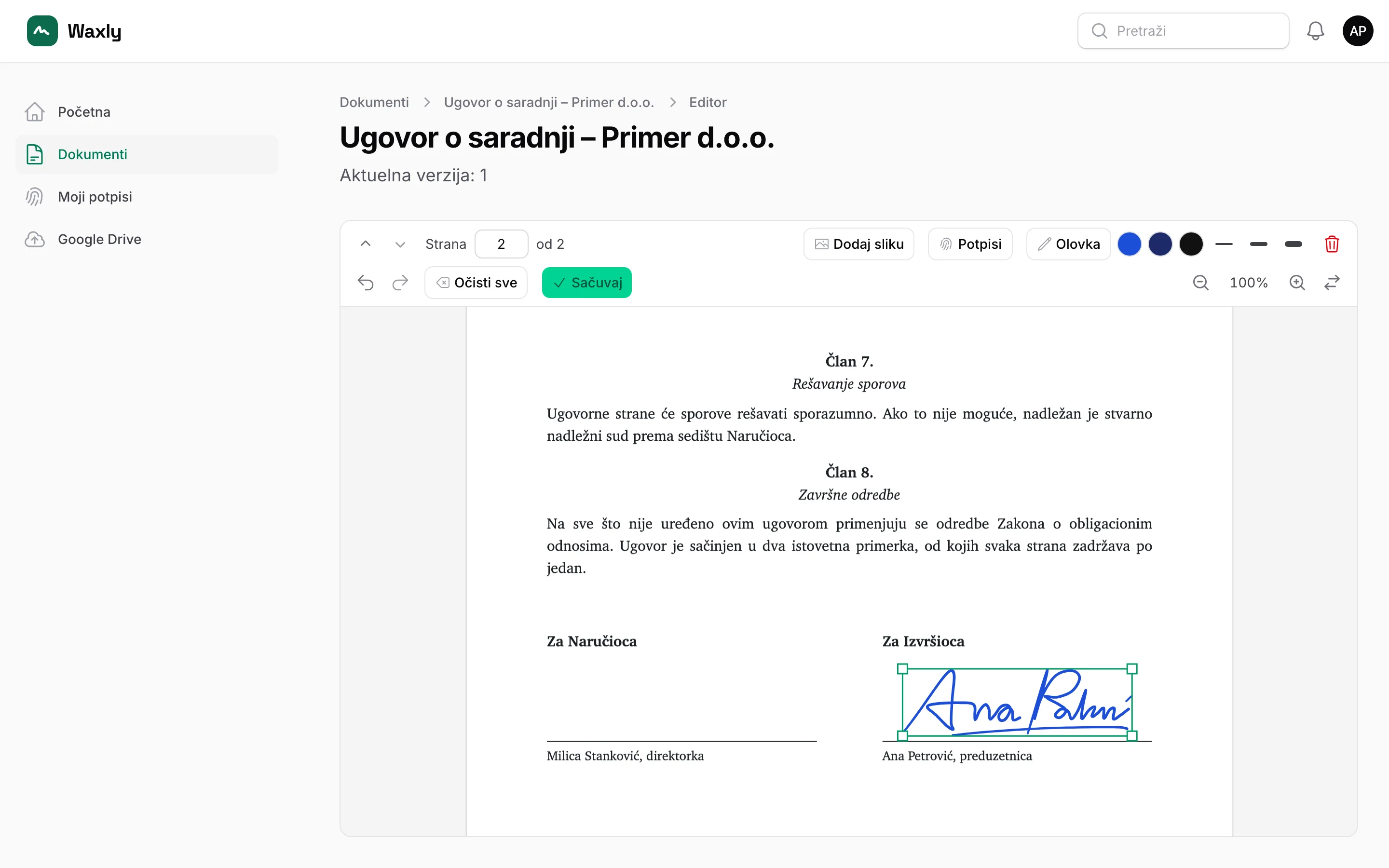 Signing a contract in the Waxly editor