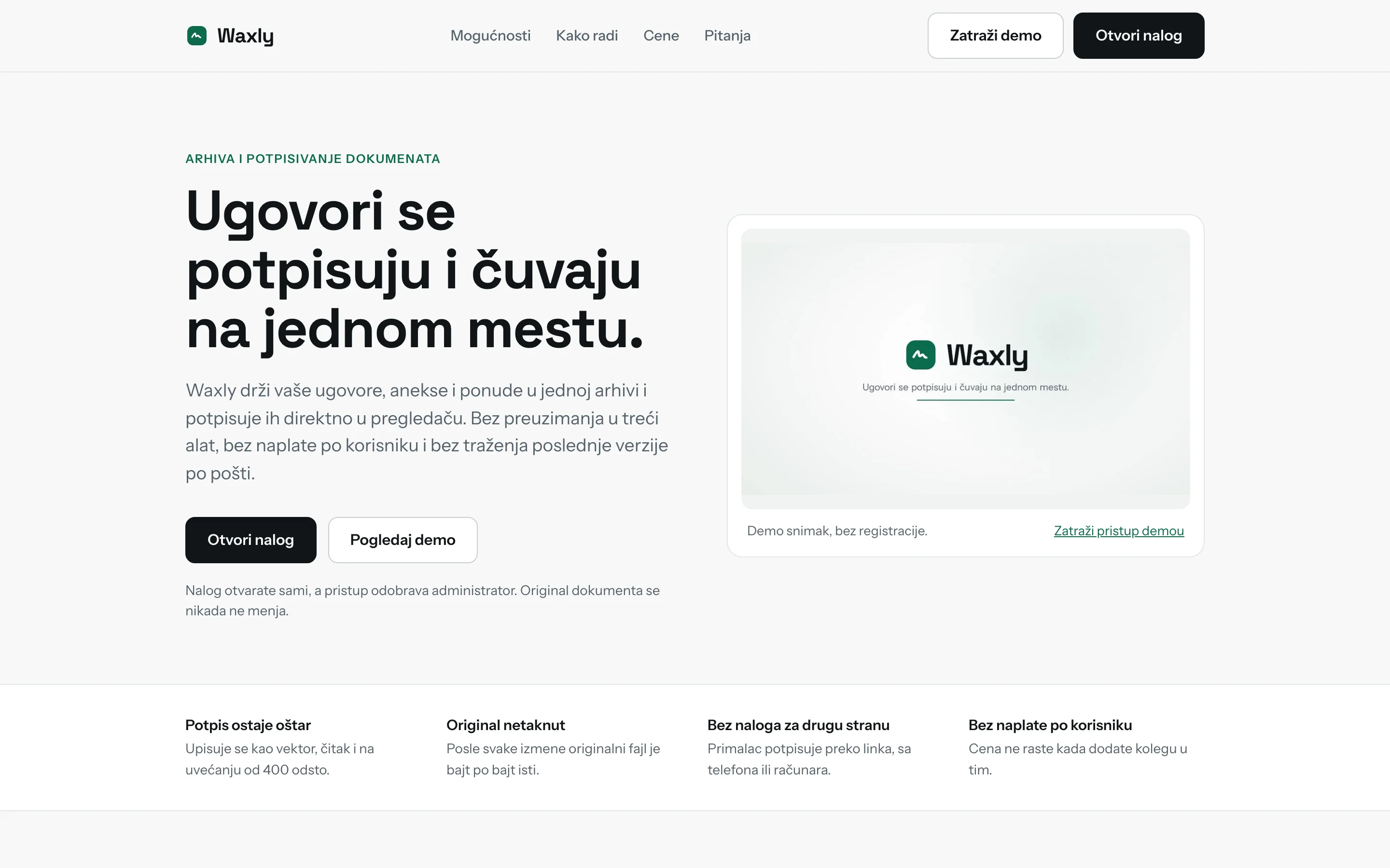 Waxly landing page, top of the page