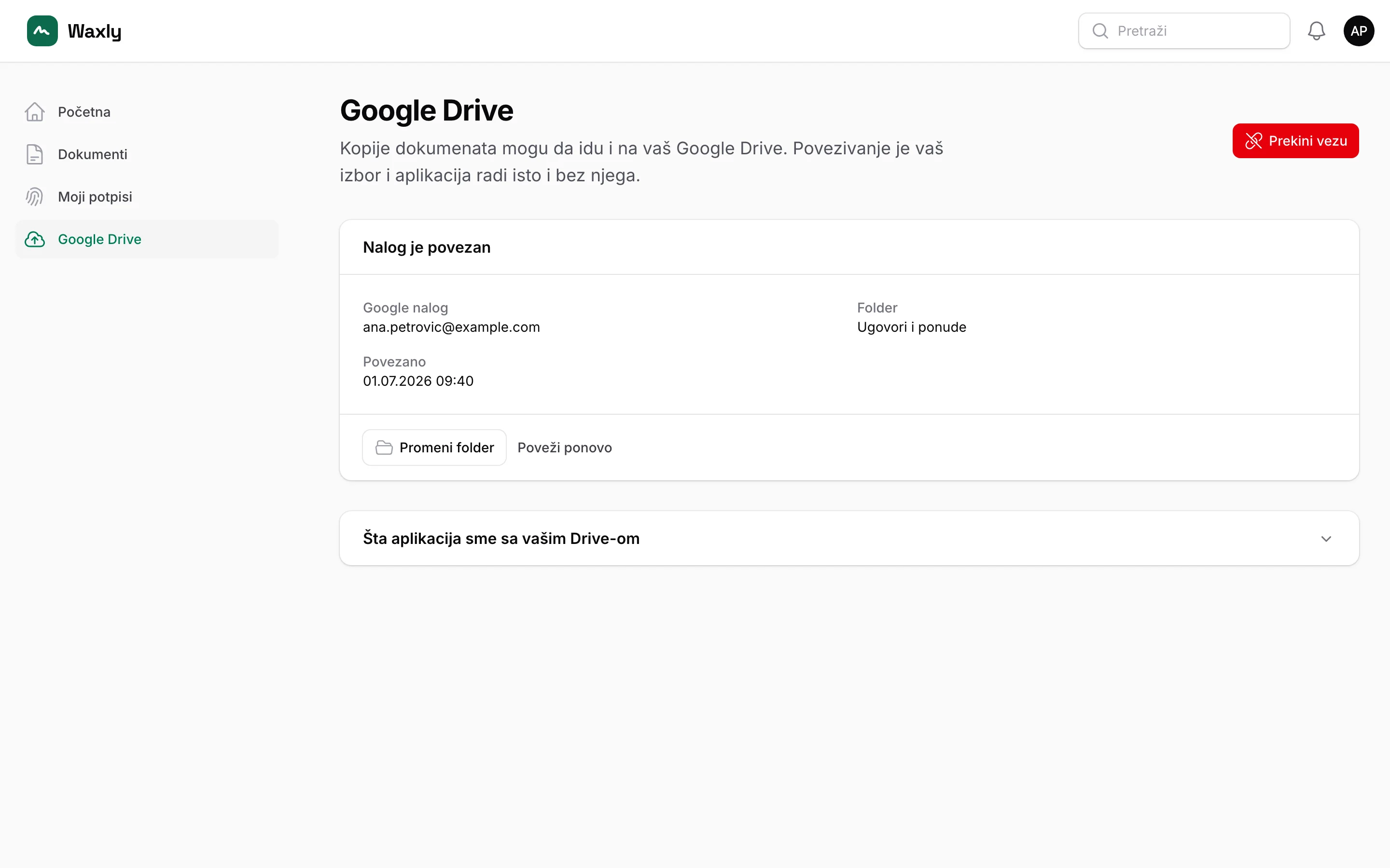 Google Drive connection settings in Waxly
