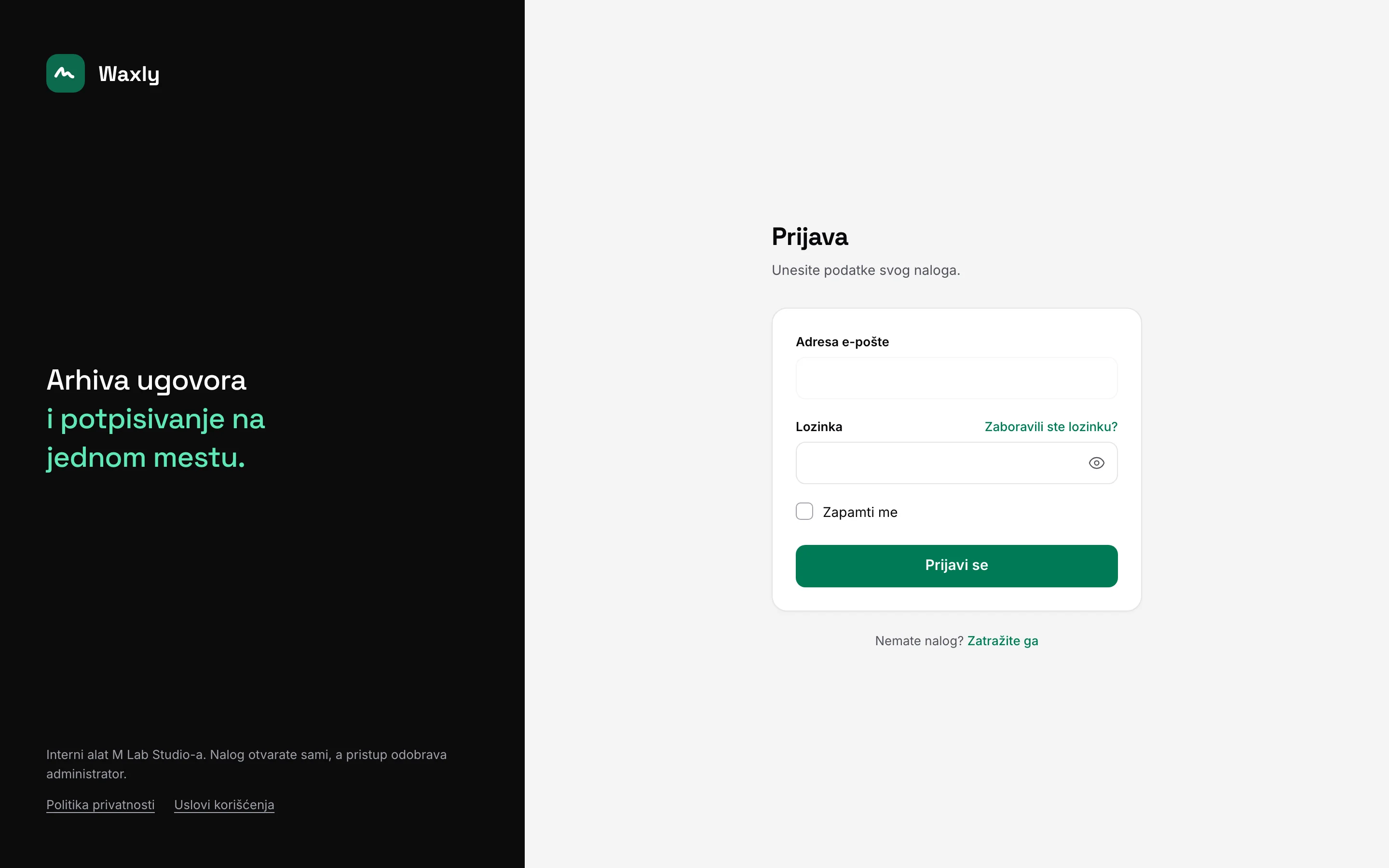 Waxly sign-in page